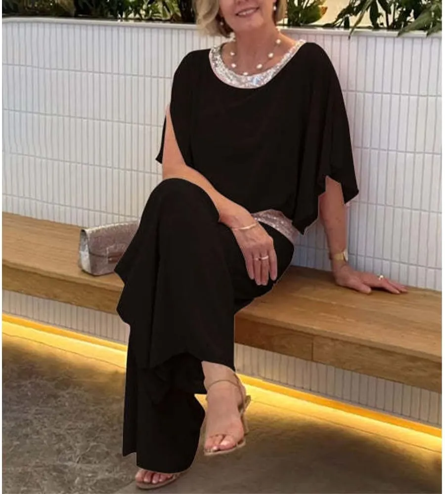Mother of The Bride Pant Suits Sequin Chiffon 3/4 Sleeve Blouse Wide Leg Pants Suit Wedding Guest Outfit for Women