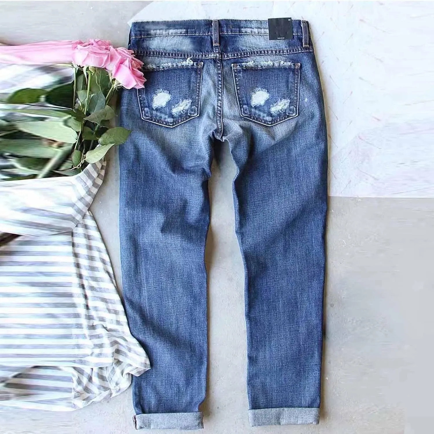 Muyise Boyfriend Jeans for Women Patchwork Distressed Casual Ripped Jeans Stretch Straight Leg Denim Trousers with Pockets
