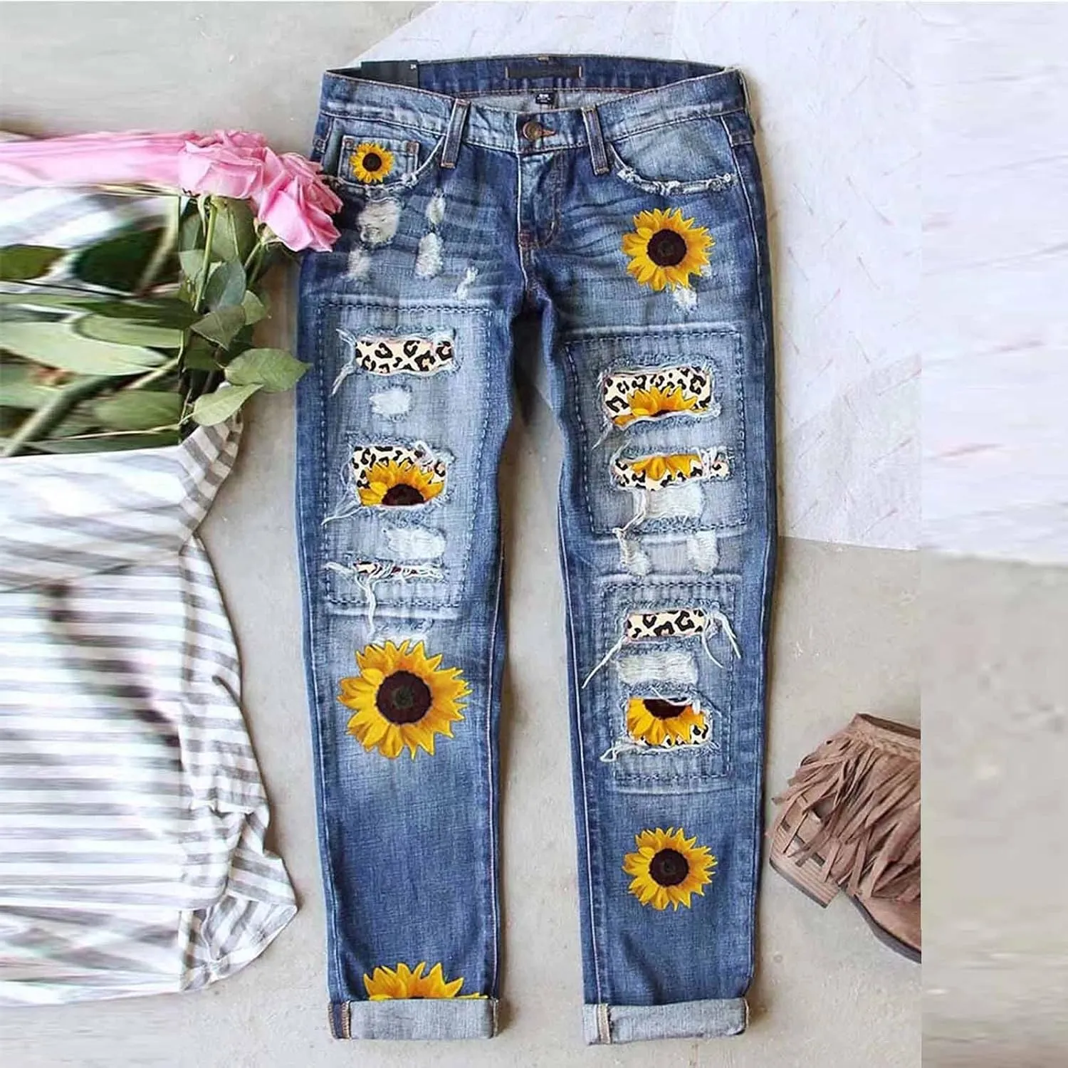Muyise Boyfriend Jeans for Women Patchwork Distressed Casual Ripped Jeans Stretch Straight Leg Denim Trousers with Pockets