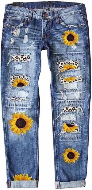 Muyise Boyfriend Jeans for Women Patchwork Distressed Casual Ripped Jeans Stretch Straight Leg Denim Trousers with Pockets