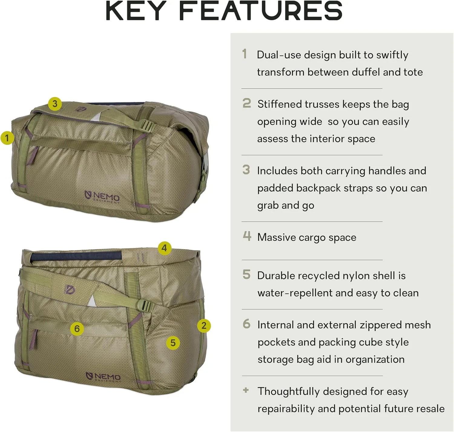 NEMO Equipment Double Haul Convertible Duffel & Tote Bag  Water-Resistant Gear Bag with Backpack Straps - 55L - Nova