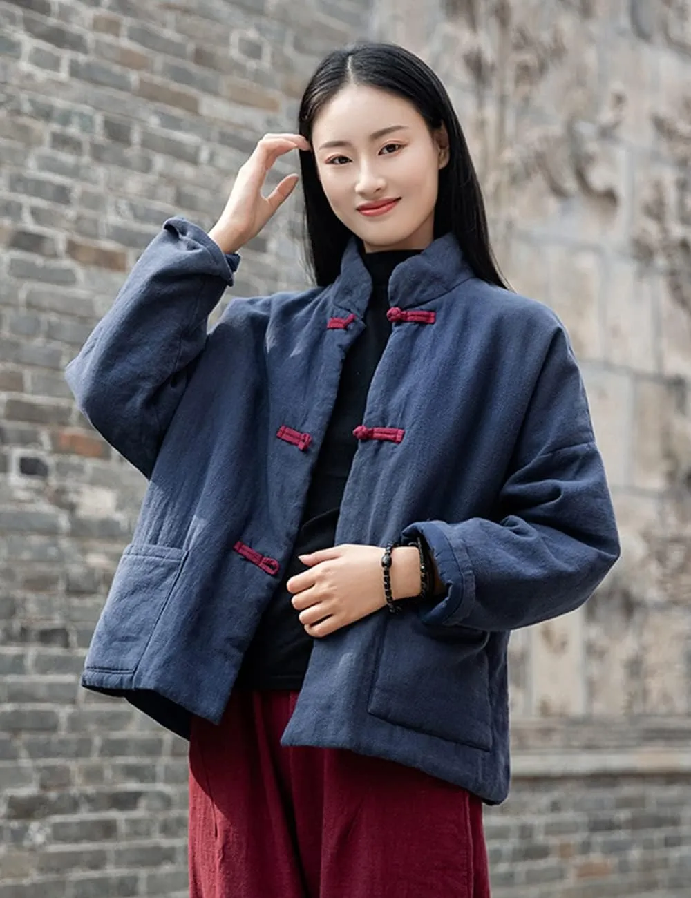 NFYM Women's Quilted Jacket Coat Outwear Stand Collar Buttons Down Tang Suit Jacket with High Low Pockets