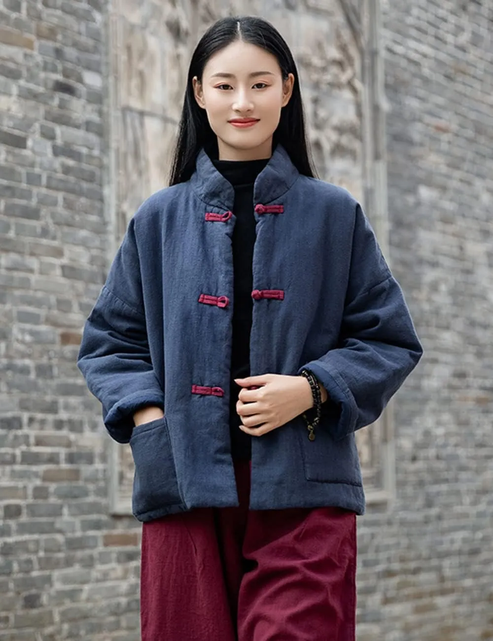 NFYM Women's Quilted Jacket Coat Outwear Stand Collar Buttons Down Tang Suit Jacket with High Low Pockets