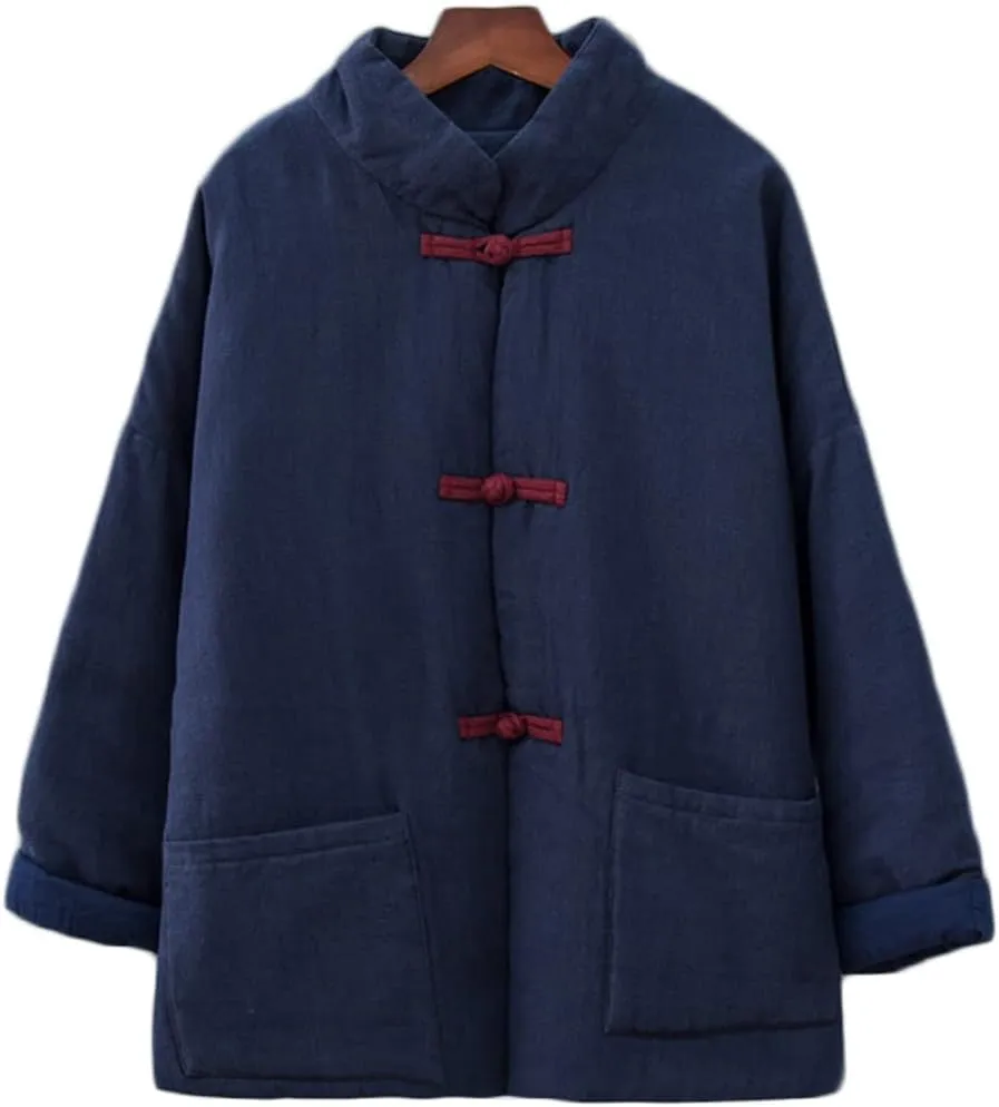 NFYM Women's Quilted Jacket Coat Outwear Stand Collar Buttons Down Tang Suit Jacket with High Low Pockets