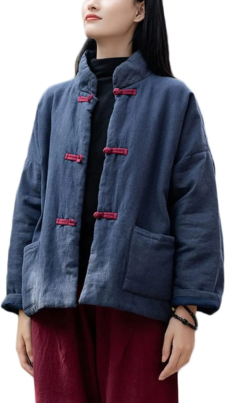 NFYM Women's Quilted Jacket Coat Outwear Stand Collar Buttons Down Tang Suit Jacket with High Low Pockets