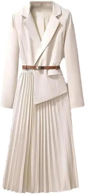 Office Lady Patchwork Blazer Dress Autumn Elegant Long Sleeve Notched Collar Belt Pleated Vestidos