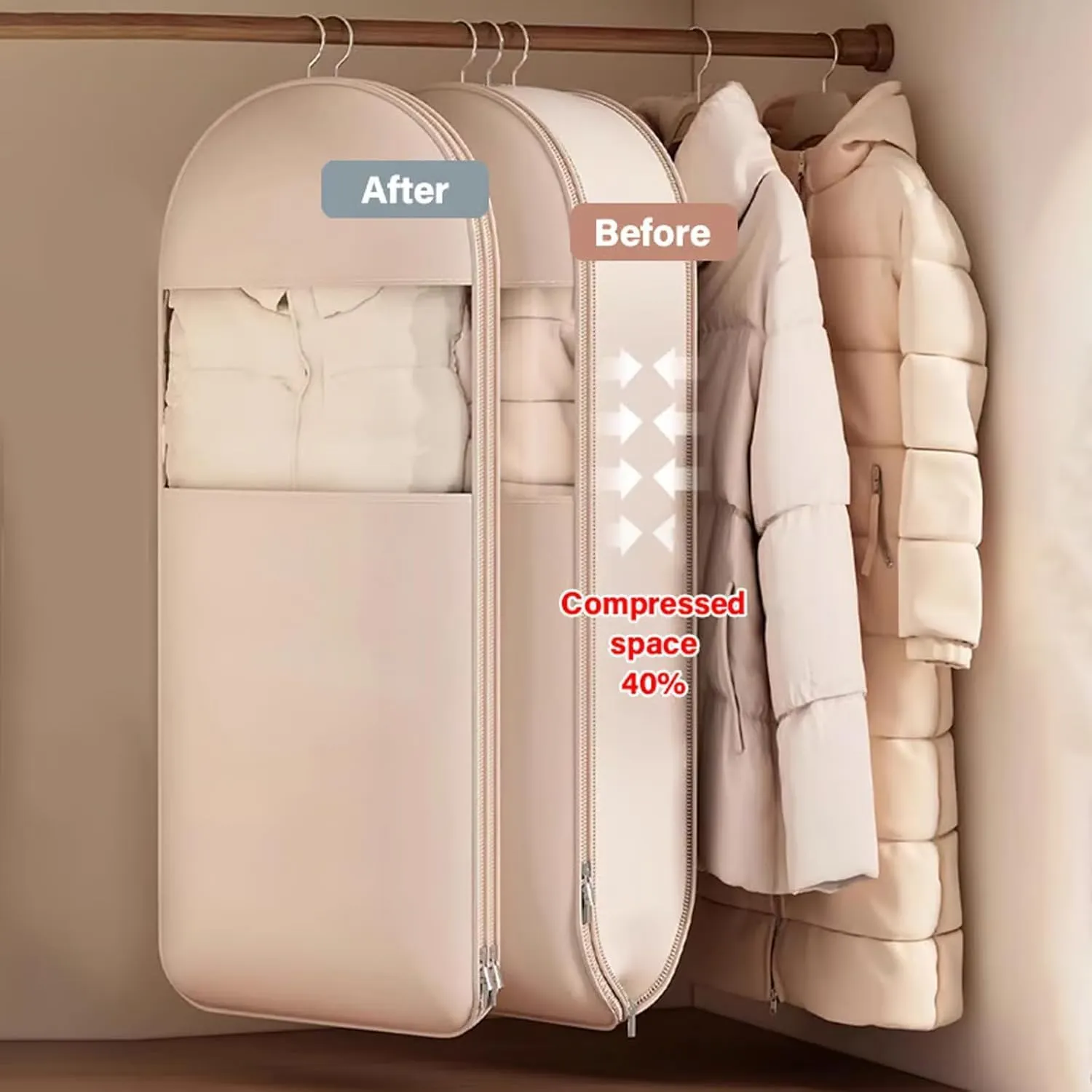Otherwisie Space Saving Hanging Garment Bag with Self Compression Zipper, Space Saver Closet Organizers, Dust Cover Clothes Bags for Down Coat, Winter Coat Storage (Beige, M)