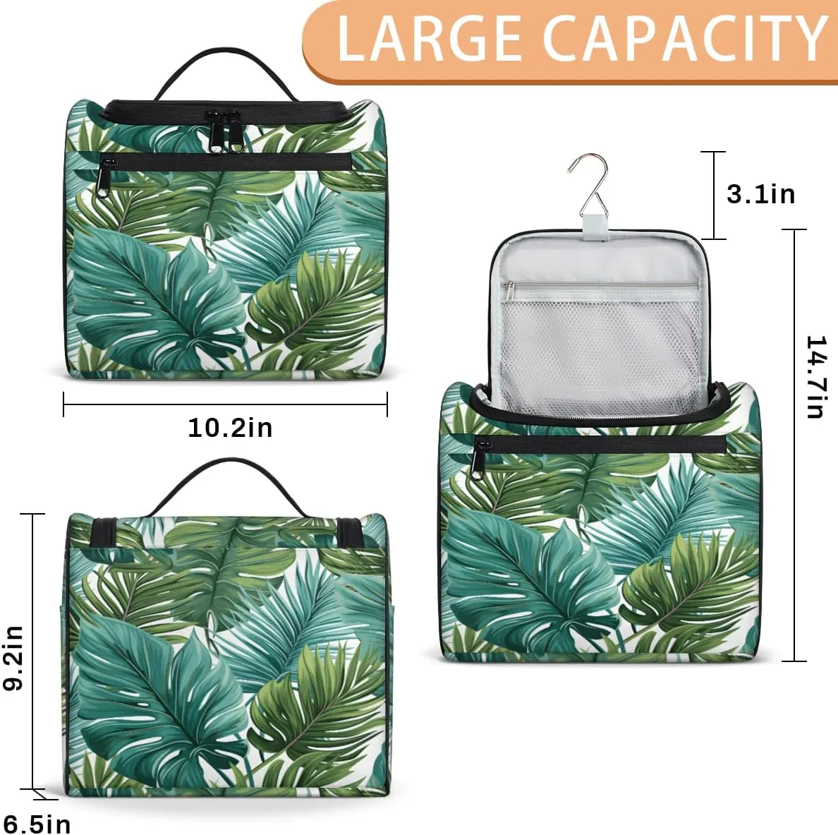 Palm Leaf Tropical Leaves Hanging Toiletry Bags Travel Makeup Bag Water-resistant Makeup Cosmetic Bag Travel Organizer