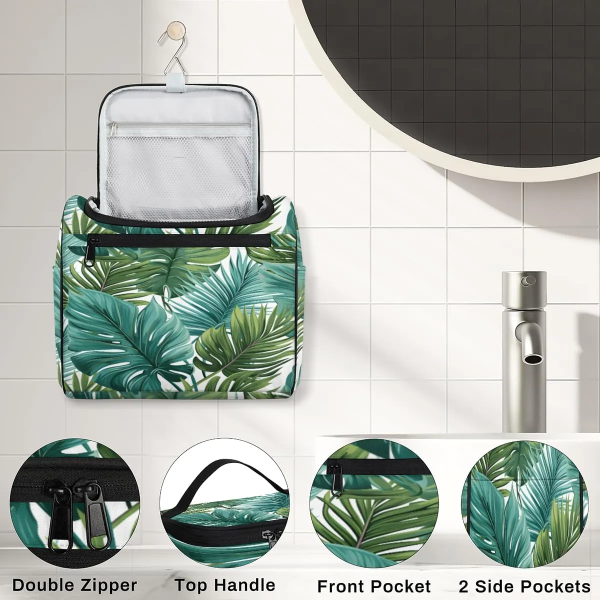 Palm Leaf Tropical Leaves Hanging Toiletry Bags Travel Makeup Bag Water-resistant Makeup Cosmetic Bag Travel Organizer