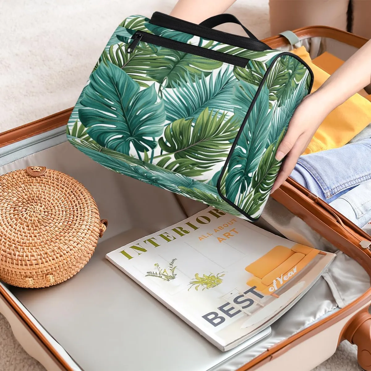 Palm Leaf Tropical Leaves Hanging Toiletry Bags Travel Makeup Bag Water-resistant Makeup Cosmetic Bag Travel Organizer