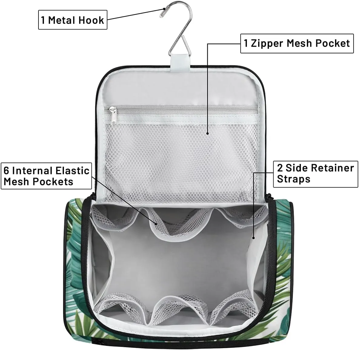 Palm Leaf Tropical Leaves Hanging Toiletry Bags Travel Makeup Bag Water-resistant Makeup Cosmetic Bag Travel Organizer