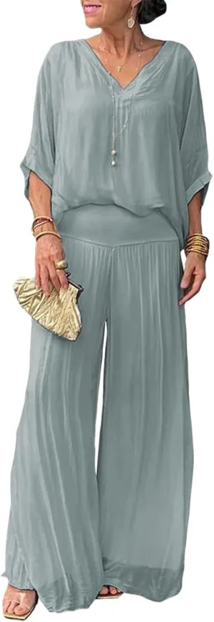 Pant Suits for Women Chiffon V Neck 3/4 Sleeve 2 Piece Outfits Dressy Casual Wide Leg Formal Pantsuits