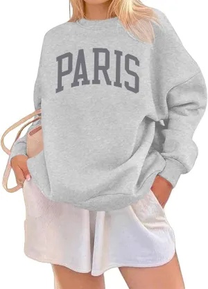 Paris France College Sweatshirt for Women Oversized Letter Graphic Preppy Shirts Crewneck Long Sleeve Pullover Tops