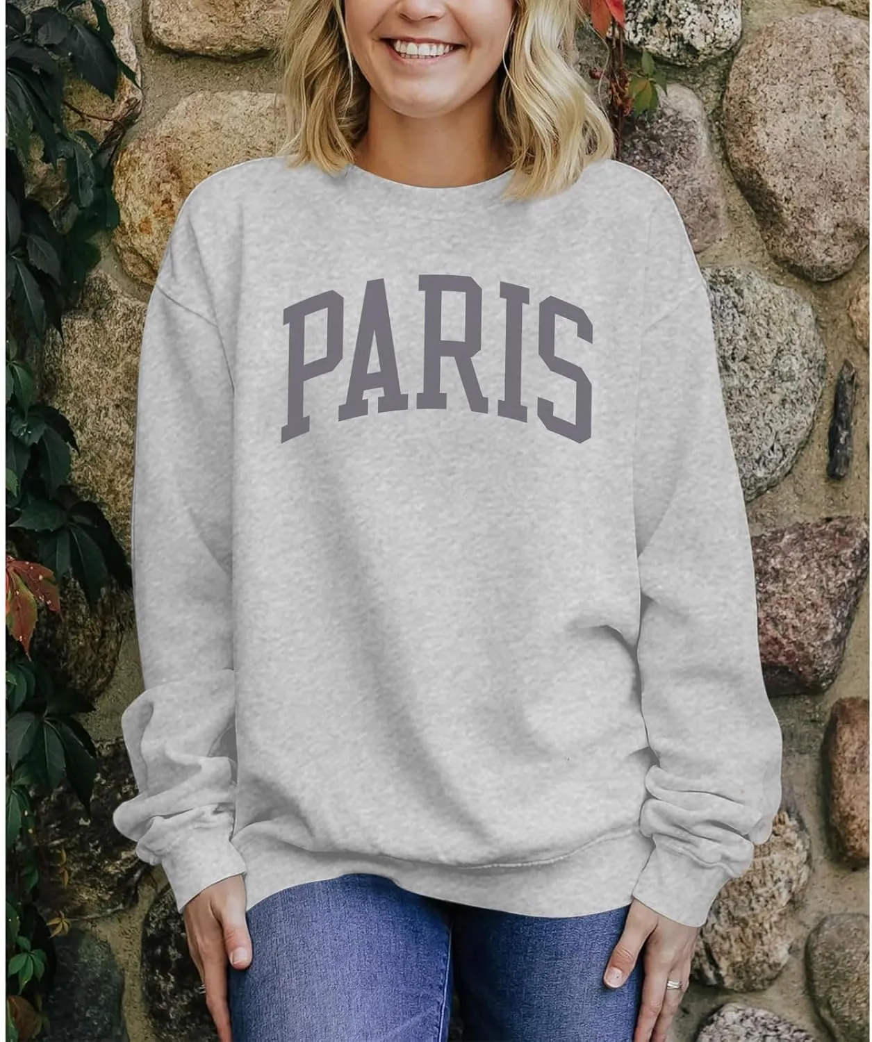 Paris France College Sweatshirt for Women Oversized Letter Graphic Preppy Shirts Crewneck Long Sleeve Pullover Tops