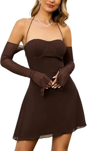 Parthea Womens Sexy Strapless Mini Dress Off Shoulder Long Sleeve Bodycon Backless Party Club Going Out Dresses