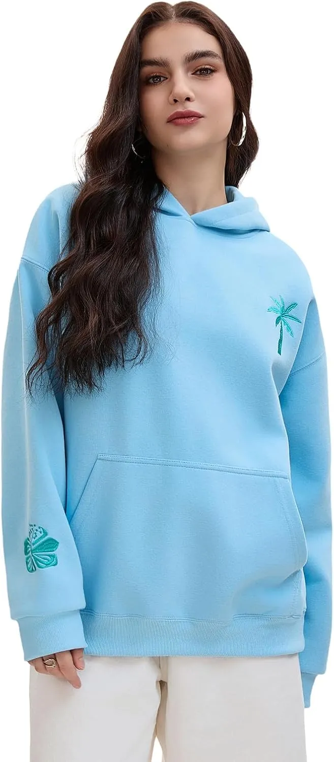Pink Puff Hoodies,Embroidery Hibiscus Hoodies For Teen Girls Oversized Cute Sweatshirt Pink Graphic