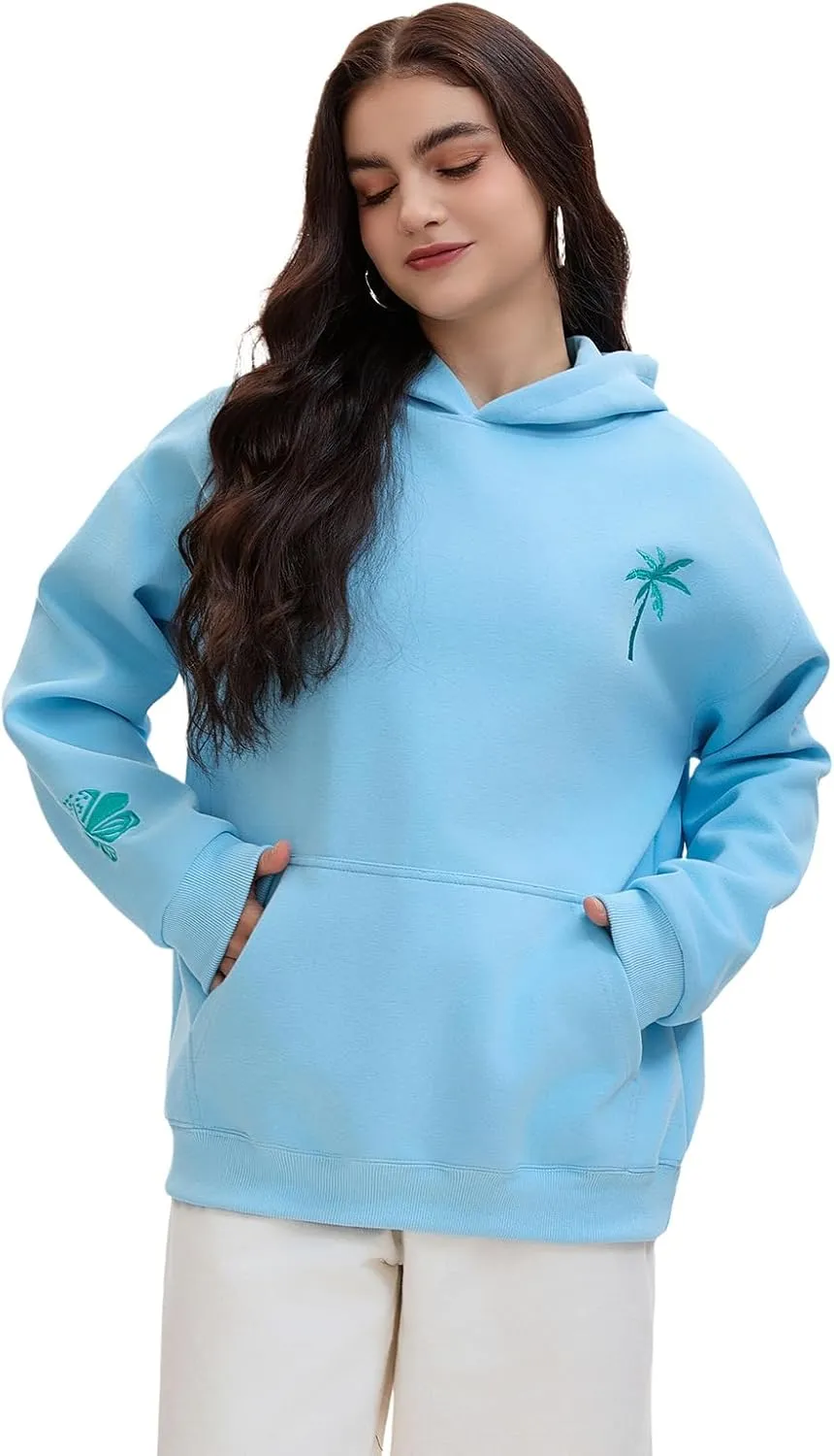 Pink Puff Hoodies,Embroidery Hibiscus Hoodies For Teen Girls Oversized Cute Sweatshirt Pink Graphic