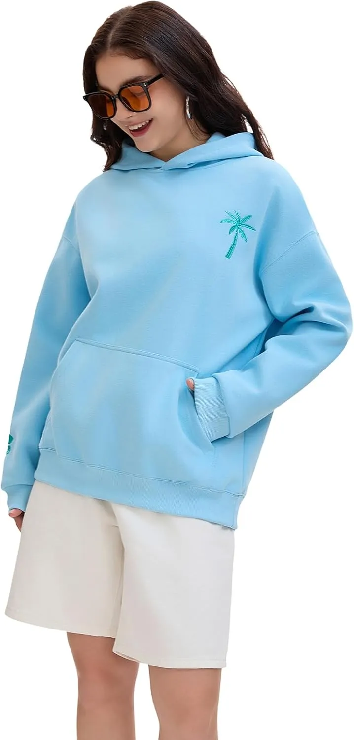 Pink Puff Hoodies,Embroidery Hibiscus Hoodies For Teen Girls Oversized Cute Sweatshirt Pink Graphic