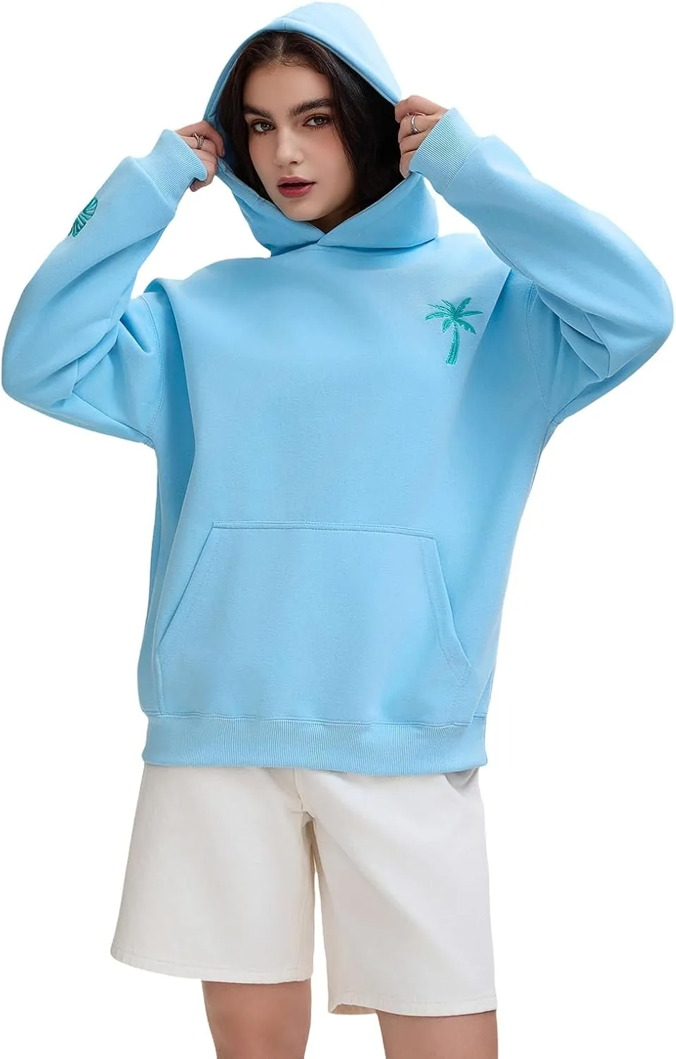 Pink Puff Hoodies,Embroidery Hibiscus Hoodies For Teen Girls Oversized Cute Sweatshirt Pink Graphic