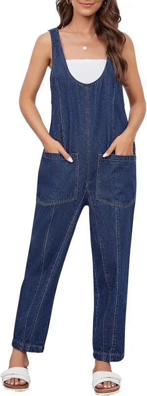 Pink Queen Denim Jumpsuits for Women 2025 Casual Loose Sleeveless Overalls High Waist Baggy Jeans Pants Jumpers with Pockets