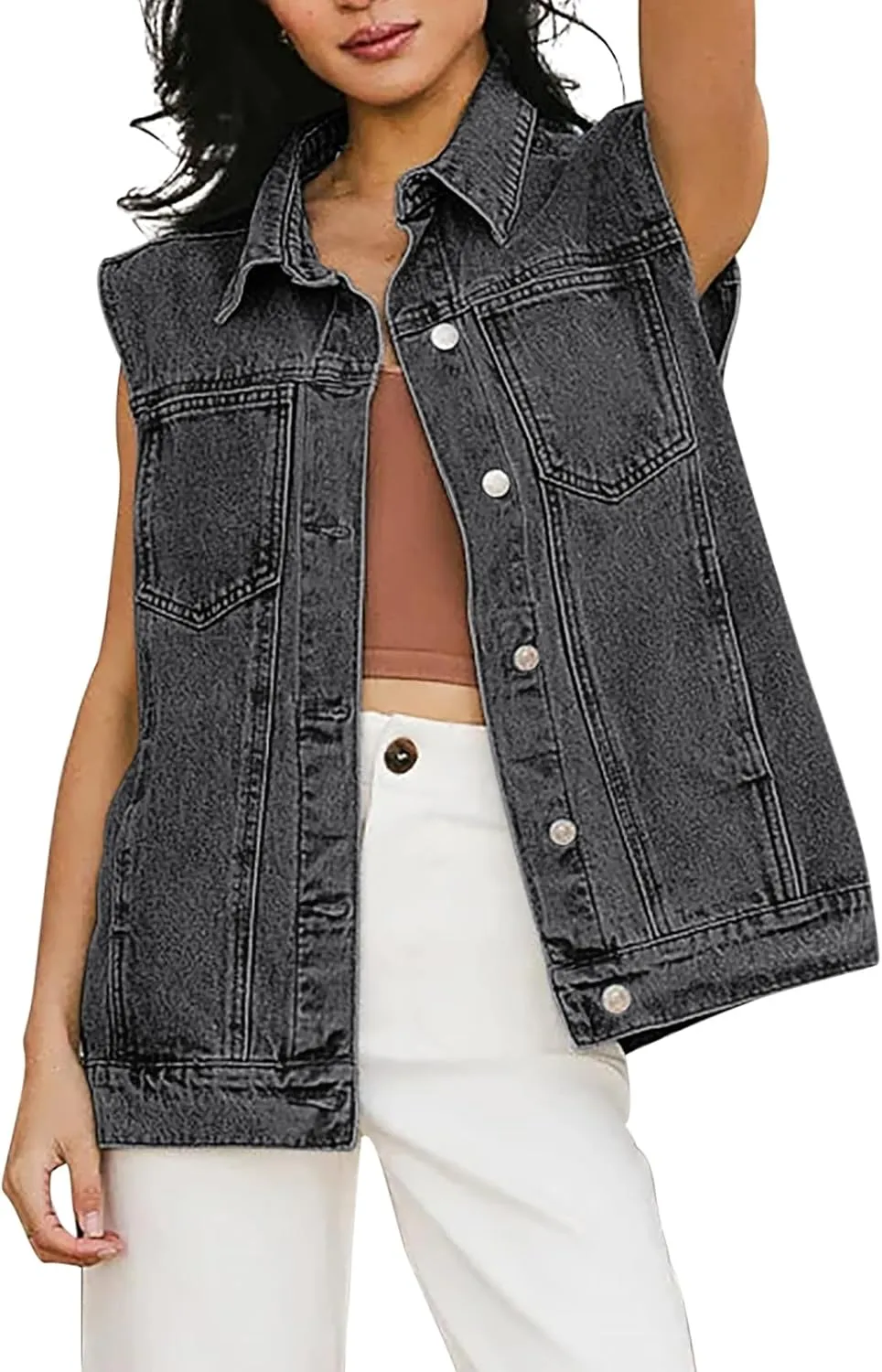 Pink Queen Women's Denim Vest 2025 Summer Sleeveless Button Down Jean Jacket Casual Loose Cotton Waistcoat Gilet with Pockets