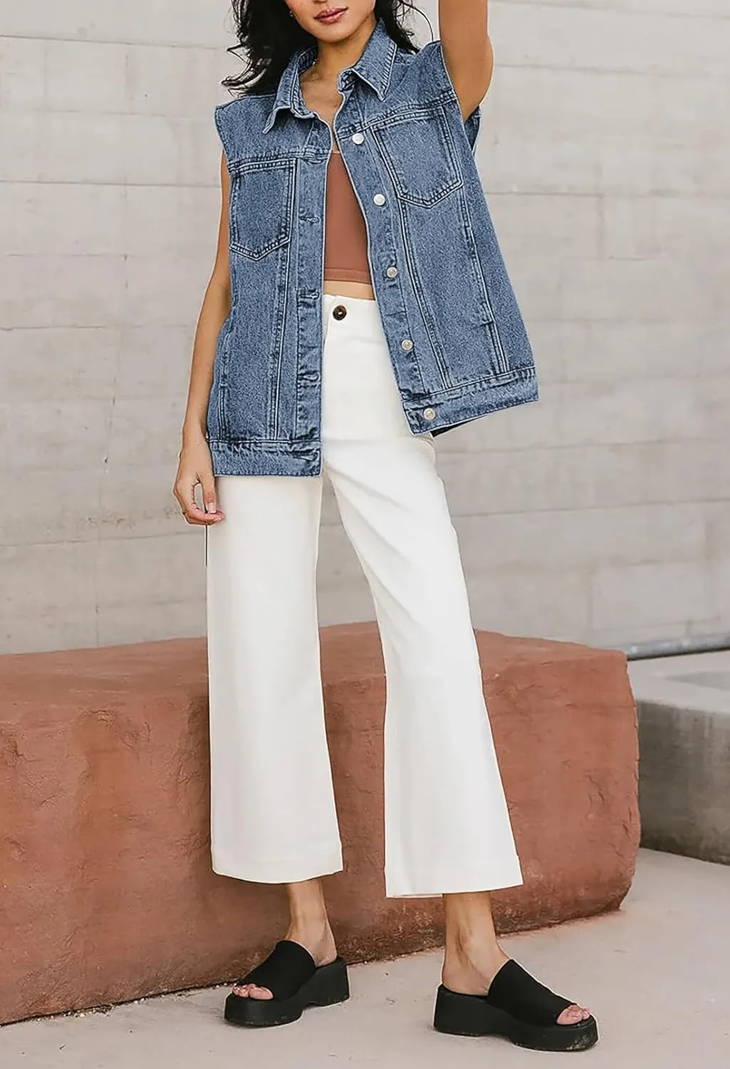 Pink Queen Women's Denim Vest 2025 Summer Sleeveless Button Down Jean Jacket Casual Loose Cotton Waistcoat Gilet with Pockets
