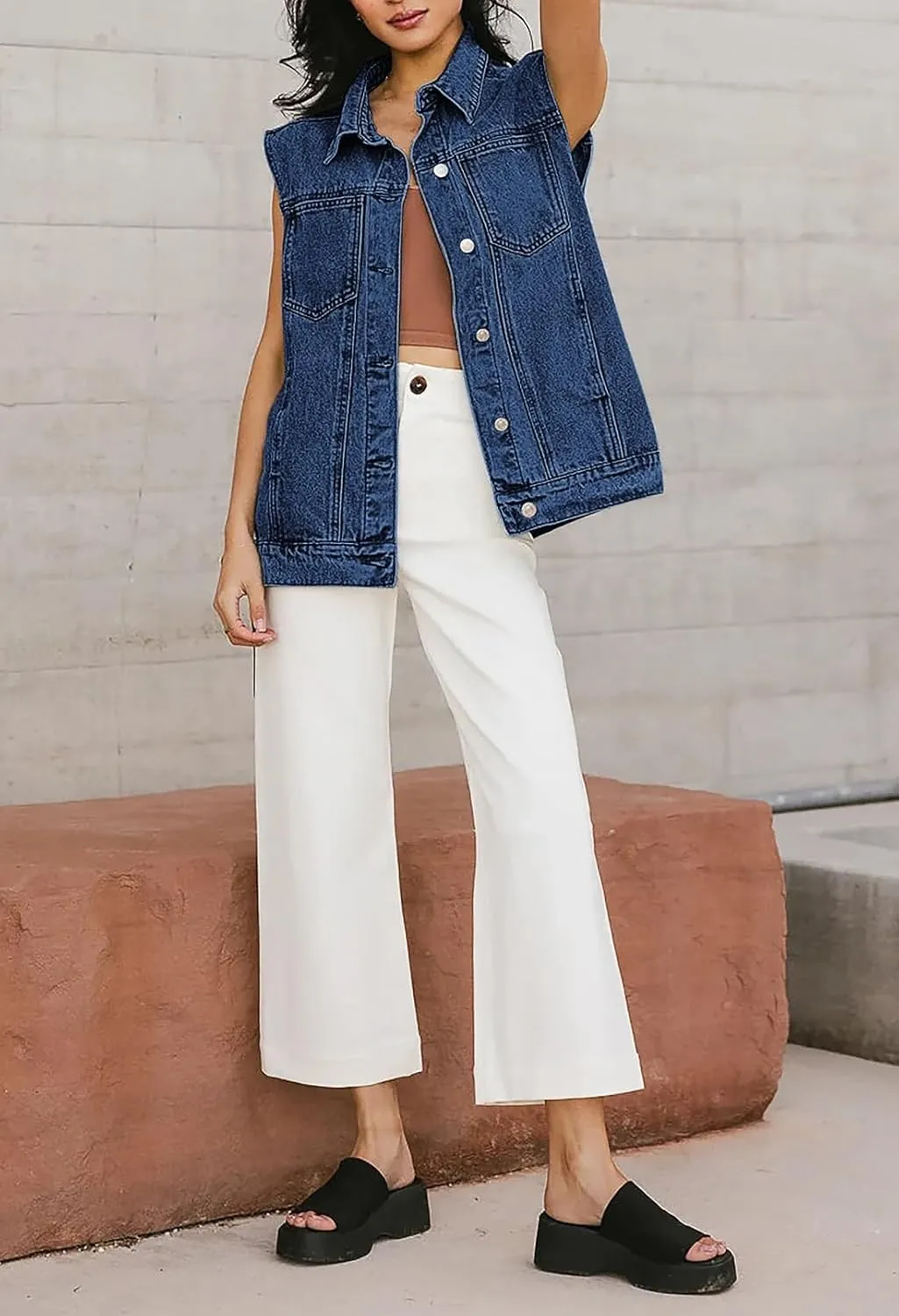 Pink Queen Women's Denim Vest 2025 Summer Sleeveless Button Down Jean Jacket Casual Loose Cotton Waistcoat Gilet with Pockets