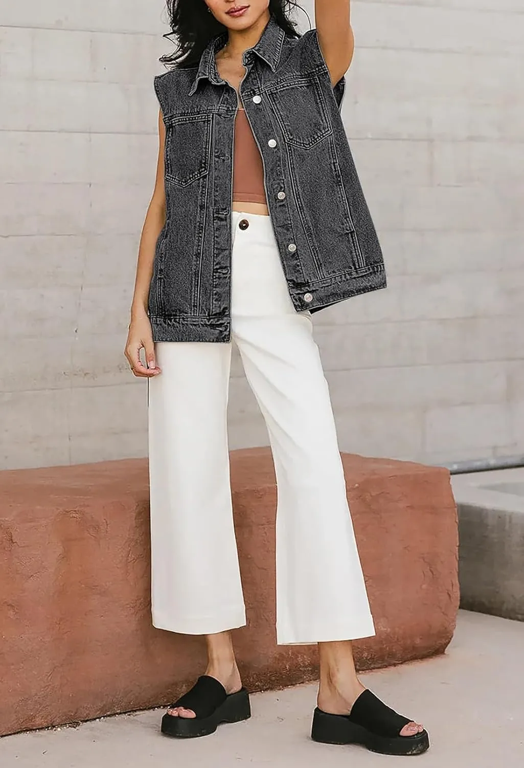 Pink Queen Women's Denim Vest 2025 Summer Sleeveless Button Down Jean Jacket Casual Loose Cotton Waistcoat Gilet with Pockets