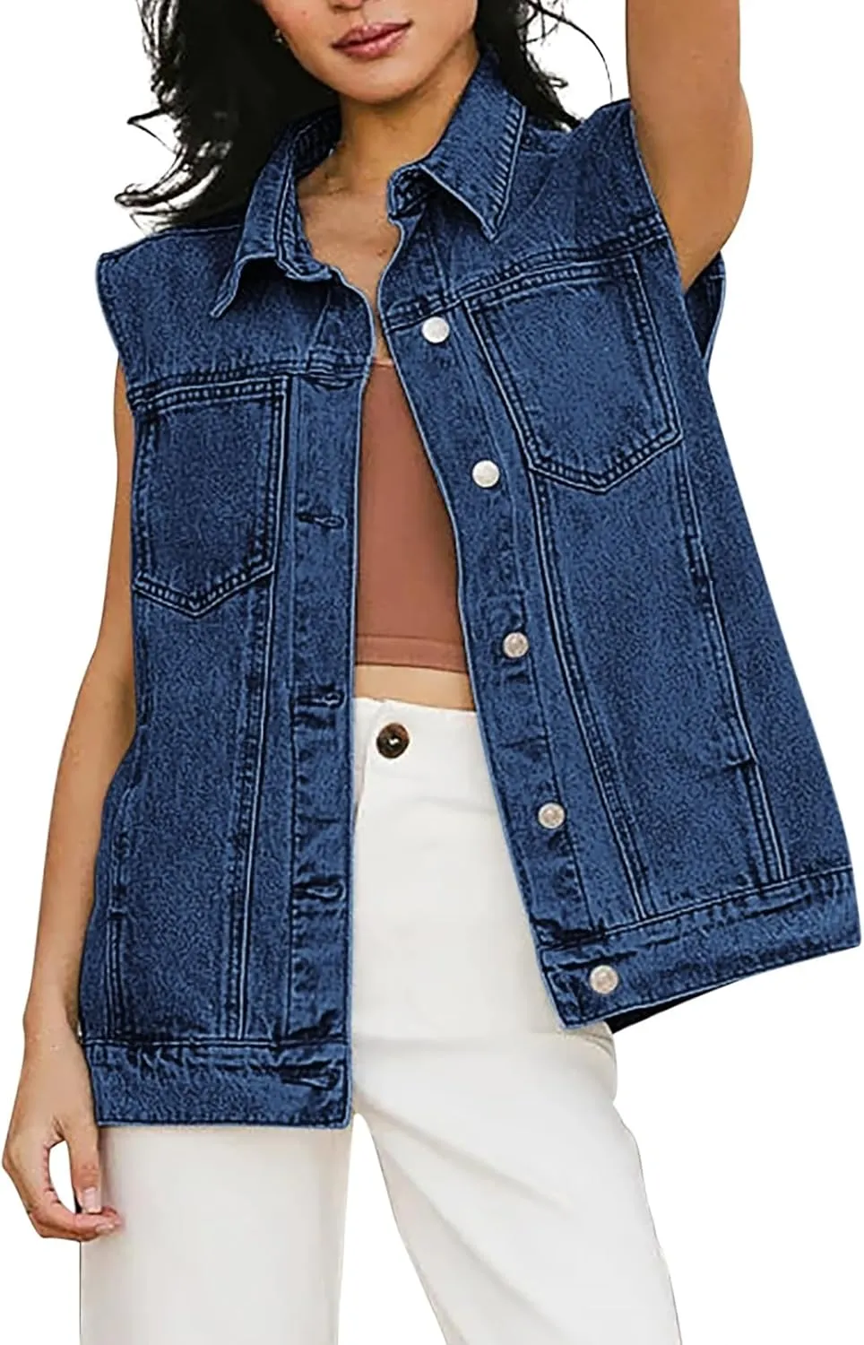 Pink Queen Women's Denim Vest 2025 Summer Sleeveless Button Down Jean Jacket Casual Loose Cotton Waistcoat Gilet with Pockets