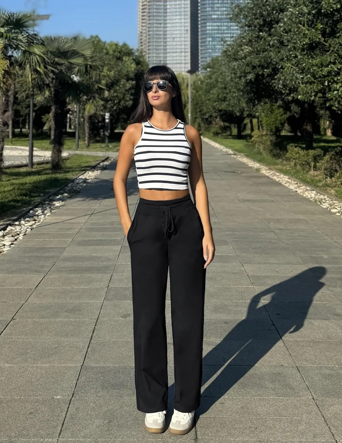 PINSPARK Wide Leg Yoga Pants Women High Waisted Workout Pants UPF 50  Drawstring Sweatpants with 4 Pockets