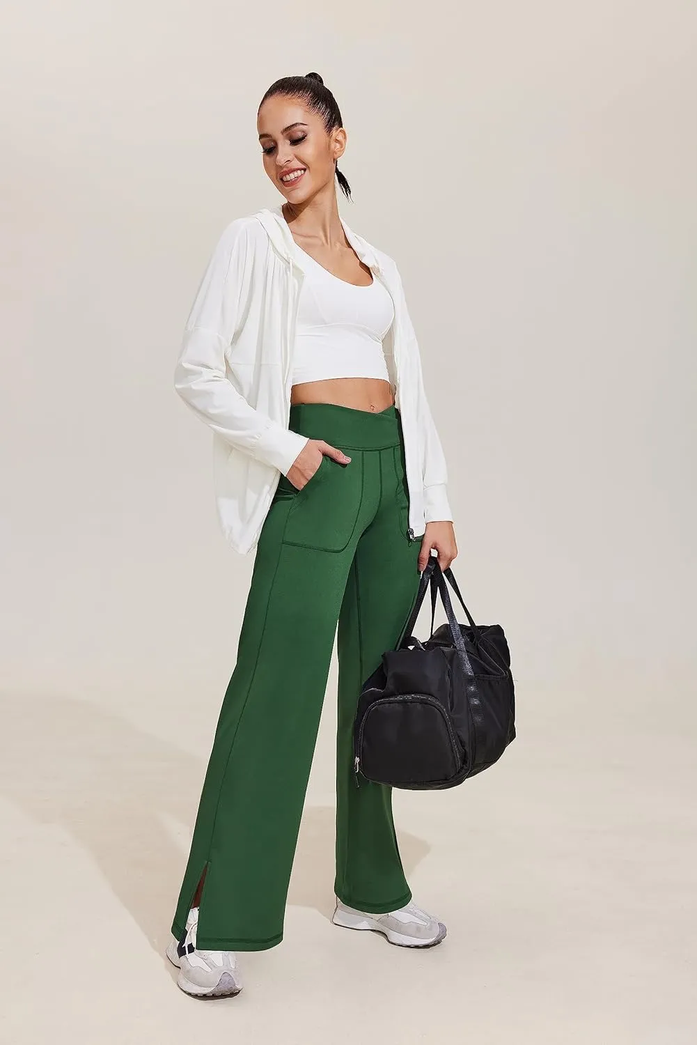 Pinspark Women's Cross High Waist High Stretch Wide Leg Pants with 2 Pockets