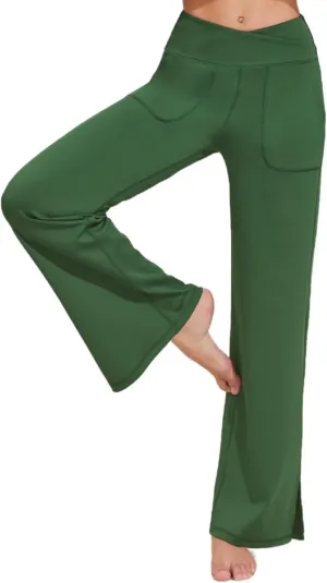 Pinspark Women's Cross High Waist High Stretch Wide Leg Pants with 2 Pockets