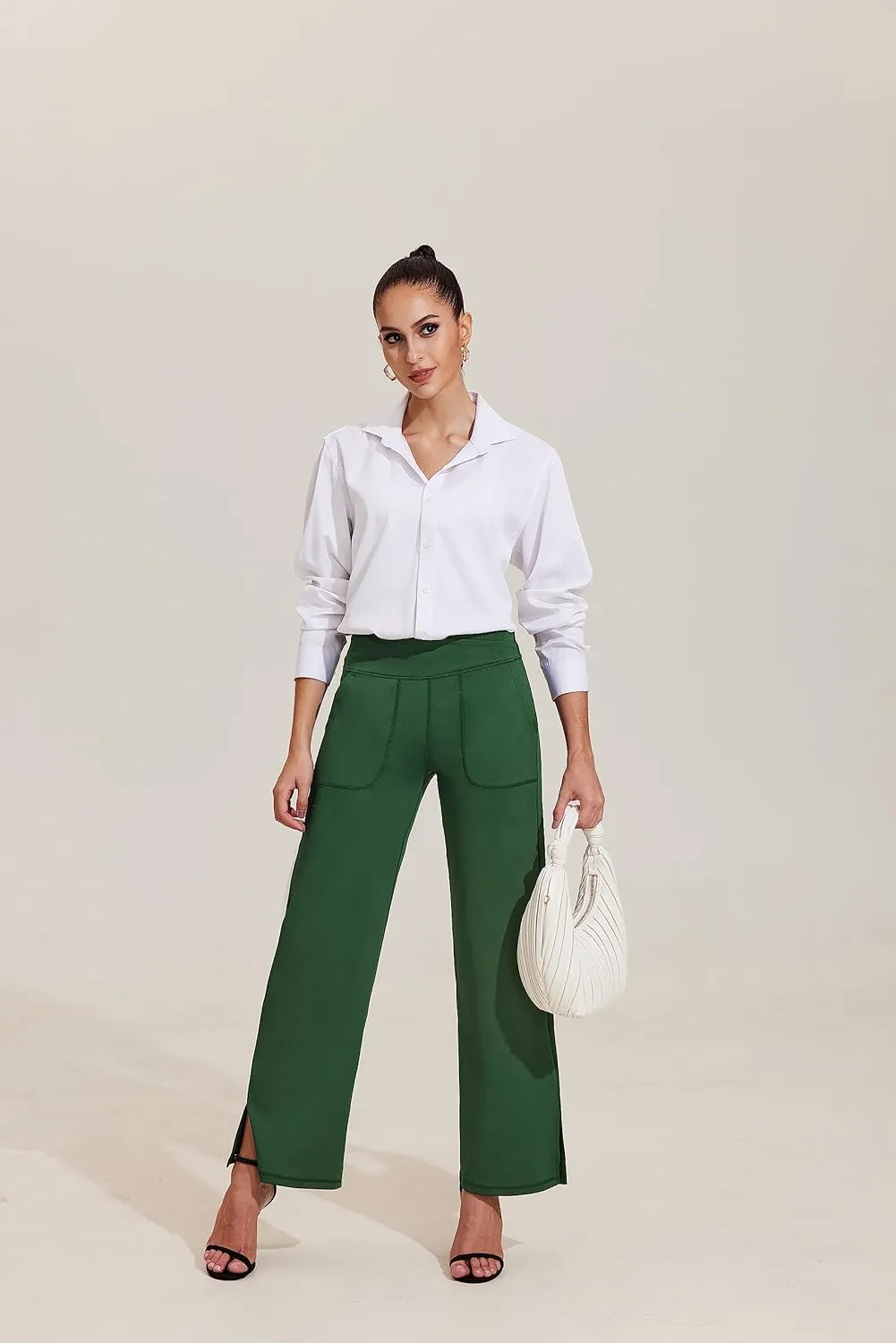 Pinspark Women's Cross High Waist High Stretch Wide Leg Pants with 2 Pockets