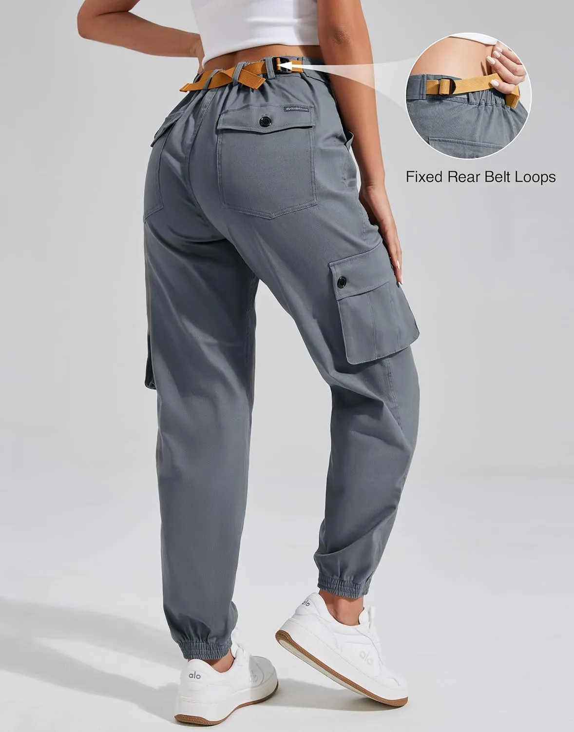 Pioneer Camp Women's Stretchy Cargo Pants with Pockets High-Rise Casual Hiking Cotton Joggers Adjustable Waistband with Belt
