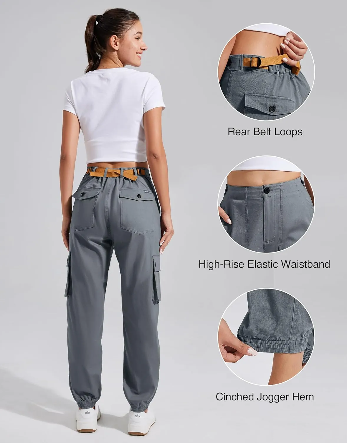 Pioneer Camp Women's Stretchy Cargo Pants with Pockets High-Rise Casual Hiking Cotton Joggers Adjustable Waistband with Belt