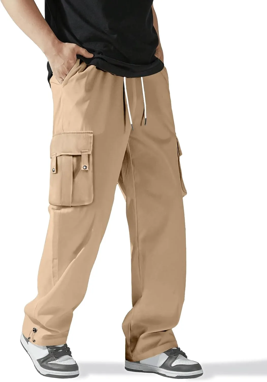 PLEPAN Men's Cargo Pants Drawstring Elastic Waist Casual Baggy Pants Streetwear Trousers Sweatpants for Men