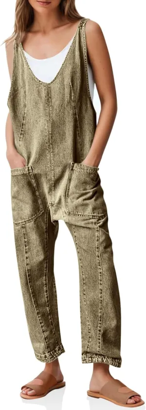 PLNOTME Women's Denim Overall Jumpsuits Sleeveless V Neck Adjustable Straps Jeans Long Pants Rompers