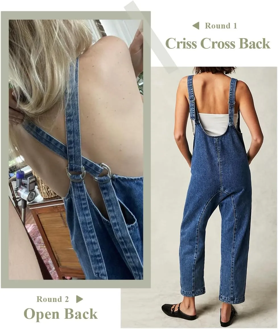 PLNOTME Women's Denim Overall Jumpsuits Sleeveless V Neck Adjustable Straps Jeans Long Pants Rompers