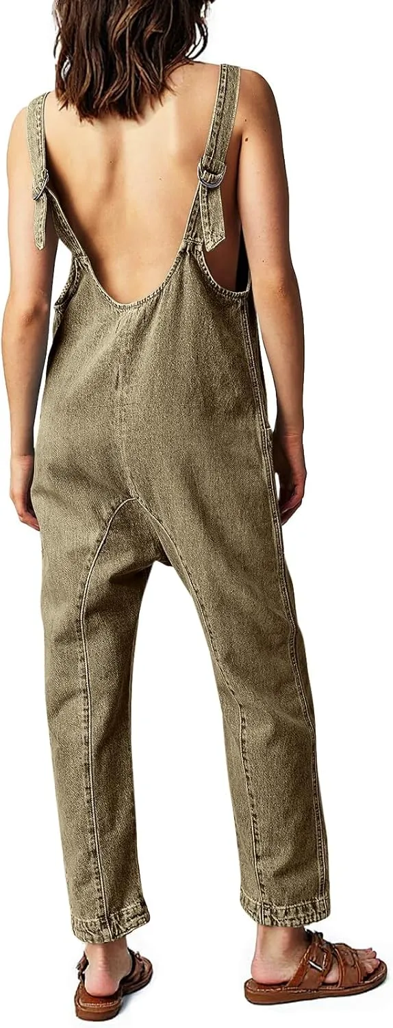 PLNOTME Women's Denim Overall Jumpsuits Sleeveless V Neck Adjustable Straps Jeans Long Pants Rompers