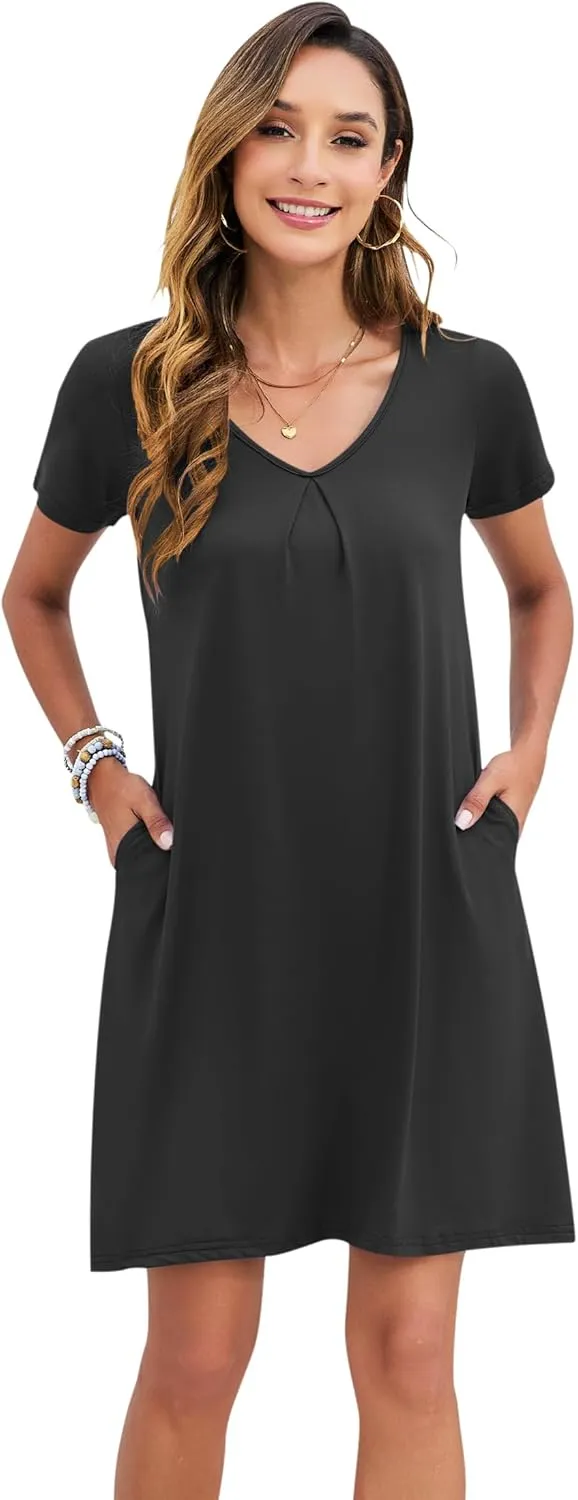 PLOKNRD Women's Casual Dress T-Shirt Summer Short Sleeve V Neck Chest Pleats Swing Dresses with Pockets 2025