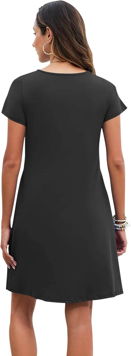 PLOKNRD Women's Casual Dress T-Shirt Summer Short Sleeve V Neck Chest Pleats Swing Dresses with Pockets 2025