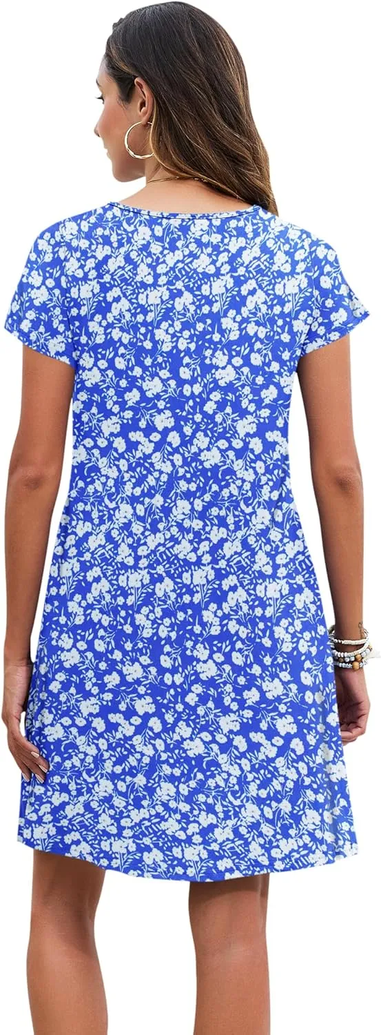 PLOKNRD Women's Casual Dress T-Shirt Summer Short Sleeve V Neck Chest Pleats Swing Dresses with Pockets 2025