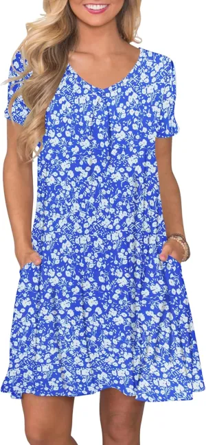 PLOKNRD Women's Casual Dress T-Shirt Summer Short Sleeve V Neck Chest Pleats Swing Dresses with Pockets 2025