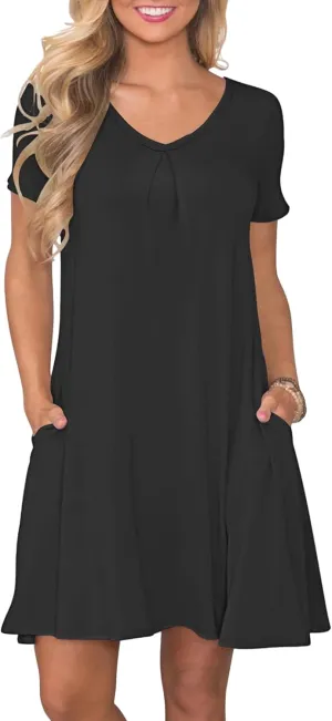 PLOKNRD Women's Casual Dress T-Shirt Summer Short Sleeve V Neck Chest Pleats Swing Dresses with Pockets 2025