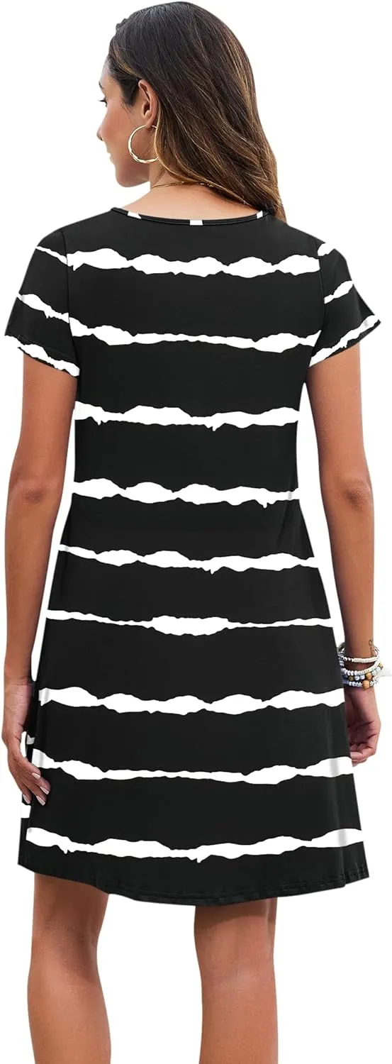 PLOKNRD Women's Casual Dress T-Shirt Summer Short Sleeve V Neck Chest Pleats Swing Dresses with Pockets 2025