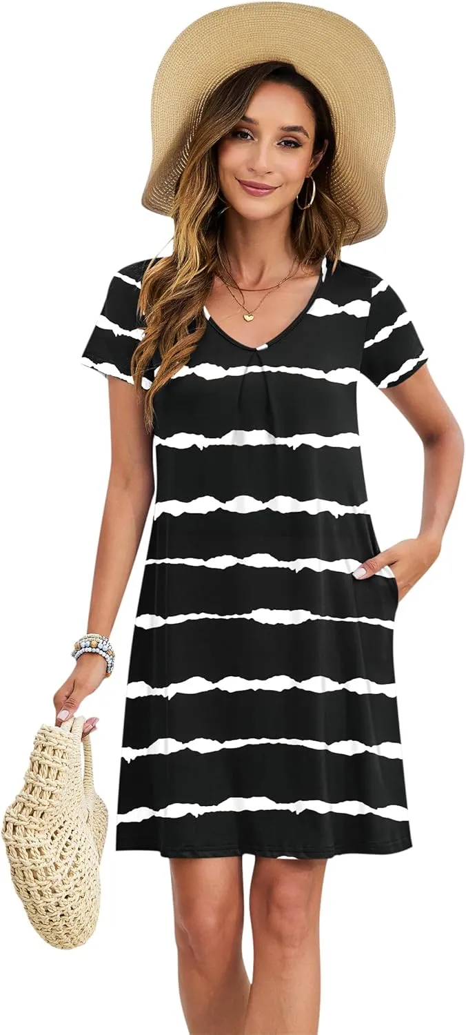 PLOKNRD Women's Casual Dress T-Shirt Summer Short Sleeve V Neck Chest Pleats Swing Dresses with Pockets 2025