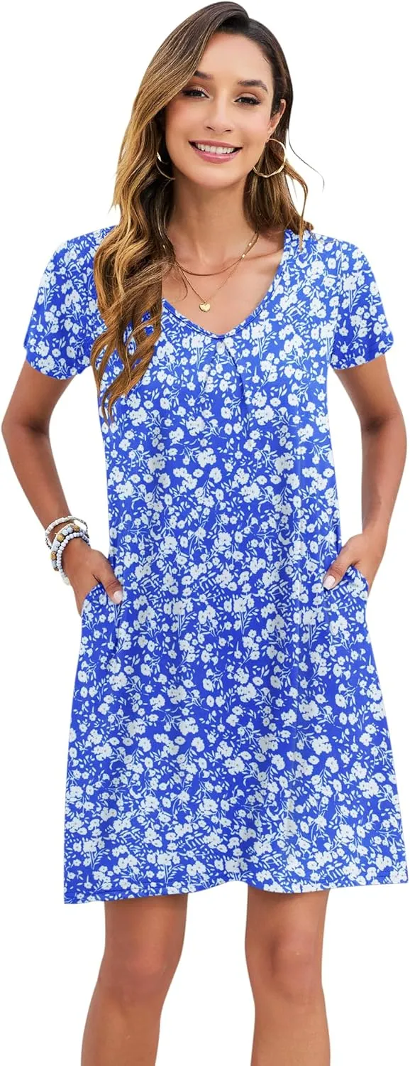 PLOKNRD Women's Casual Dress T-Shirt Summer Short Sleeve V Neck Chest Pleats Swing Dresses with Pockets 2025