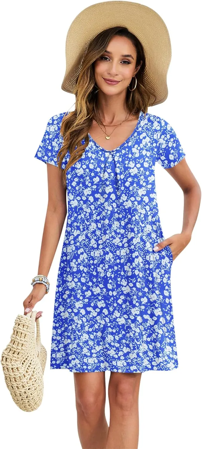 PLOKNRD Women's Casual Dress T-Shirt Summer Short Sleeve V Neck Chest Pleats Swing Dresses with Pockets 2025