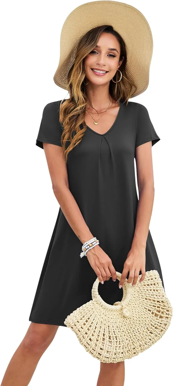 PLOKNRD Women's Casual Dress T-Shirt Summer Short Sleeve V Neck Chest Pleats Swing Dresses with Pockets 2025