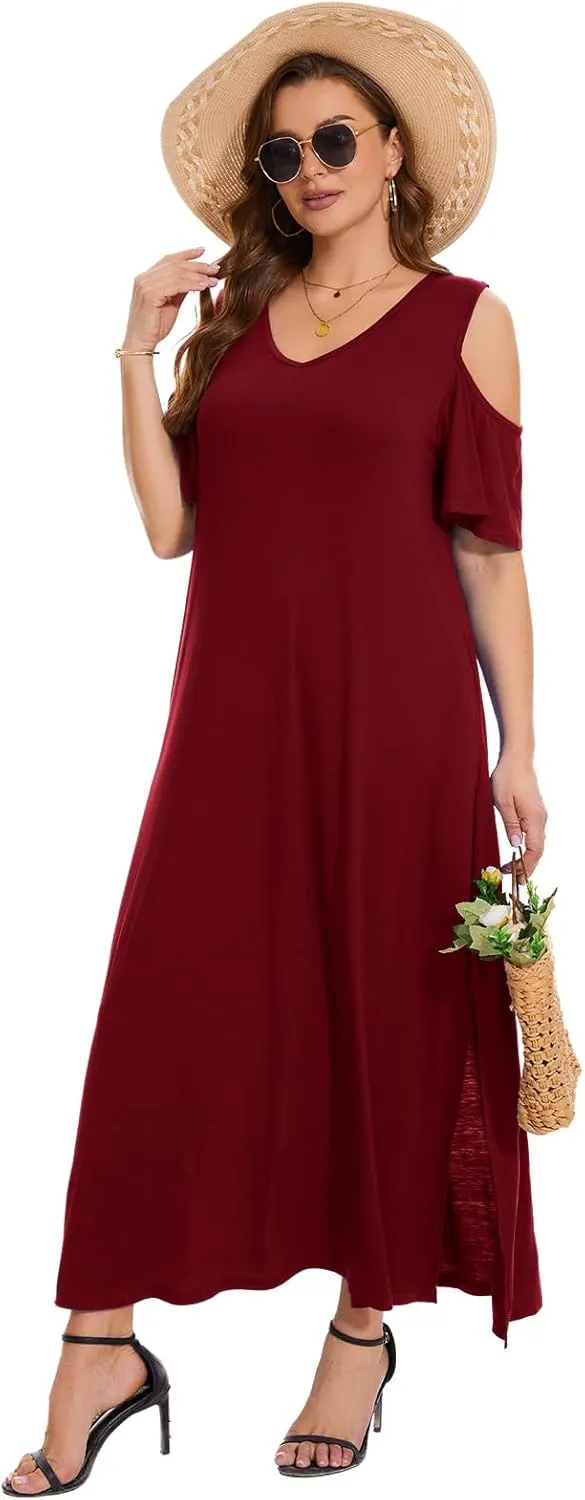 Plus Size Dresses for Women Summer V Neck Cold Shoulder Short Sleeve Split Long Beach Dresses with Pockets
